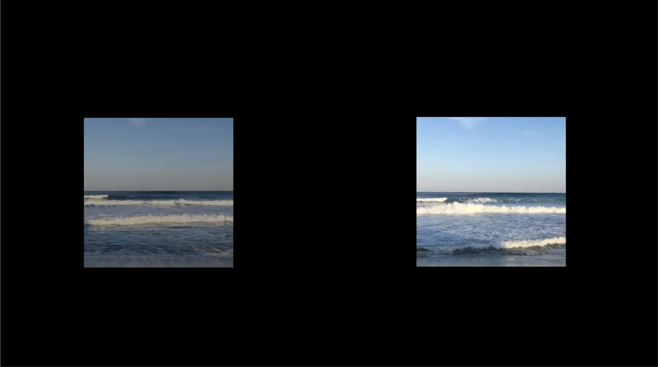 Two images of waves crashing over a blank, black background